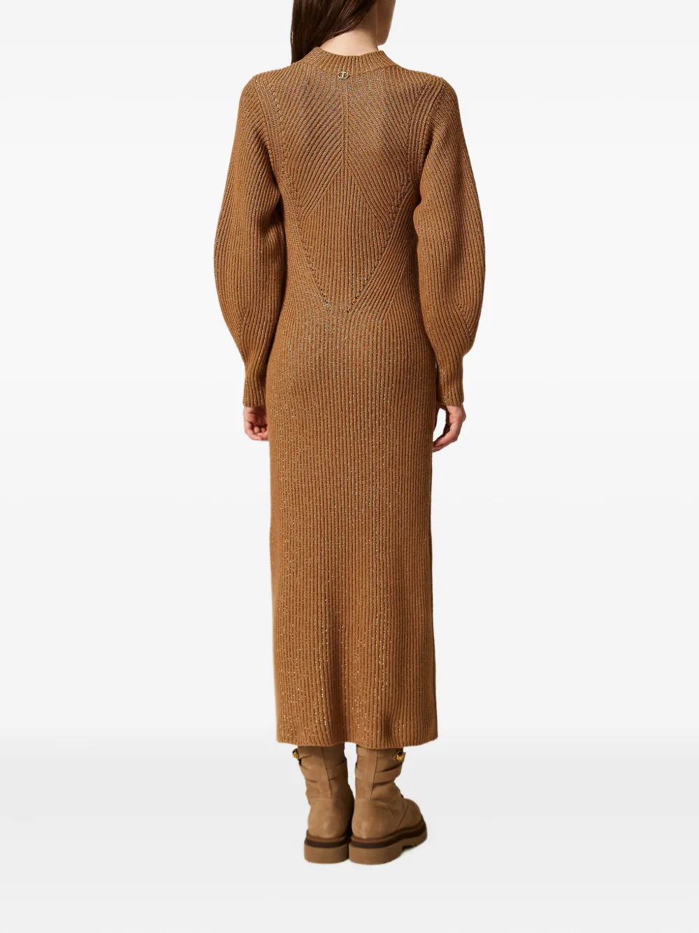 Twinset Lurex-knit Ribbed Dress In Brown