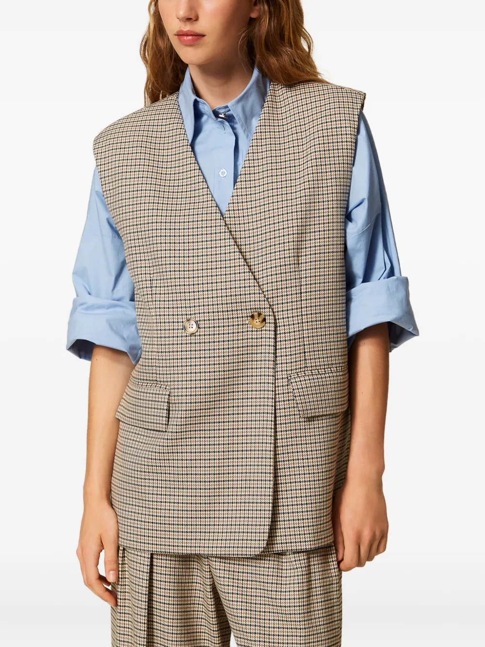 TWINSET Gilet met pied-de-poule print en dubbele rij knopen Beige