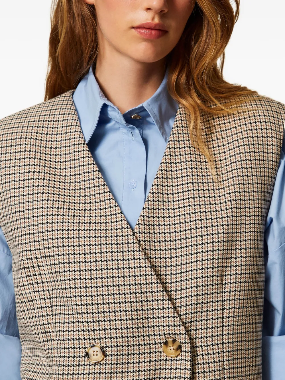 TWINSET Gilet met pied-de-poule print en dubbele rij knopen Beige