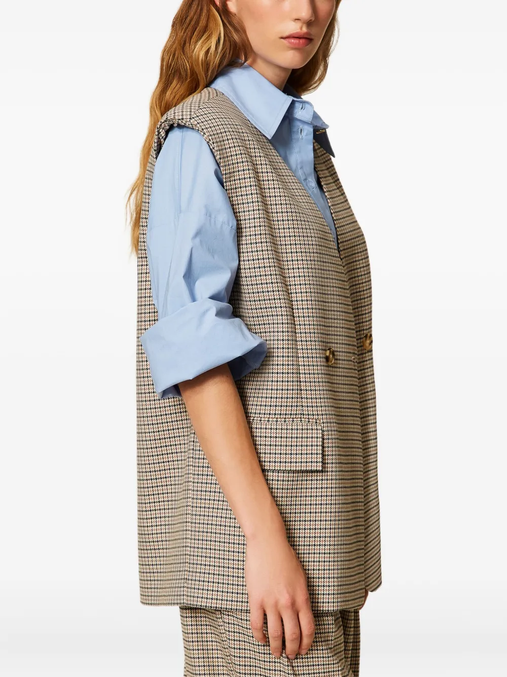 TWINSET Gilet met pied-de-poule print en dubbele rij knopen Beige