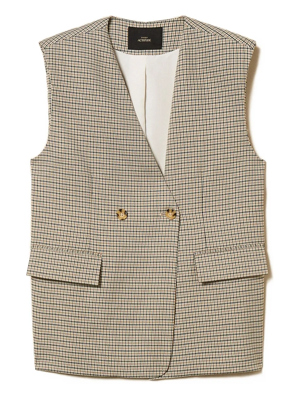 TWINSET Gilet met pied-de-poule print en dubbele rij knopen Beige