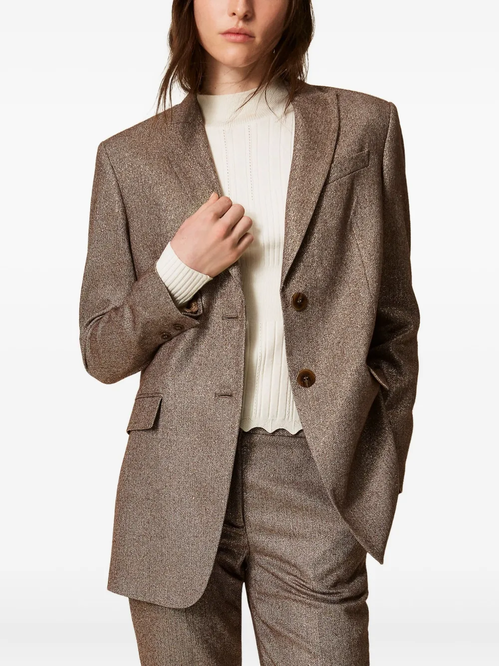 Twinset Lurex Tweed Blazer In Brown