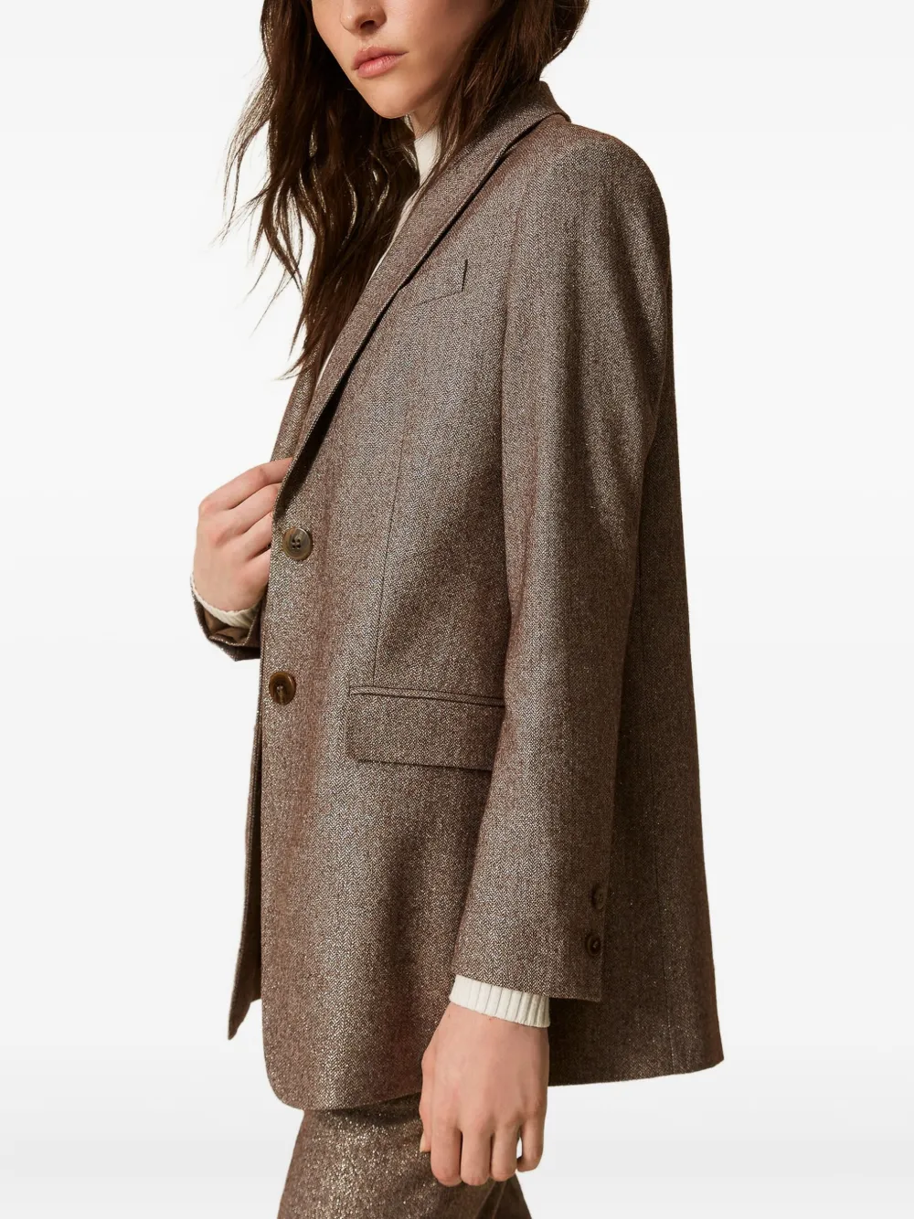 Twinset Lurex Tweed Blazer In Brown