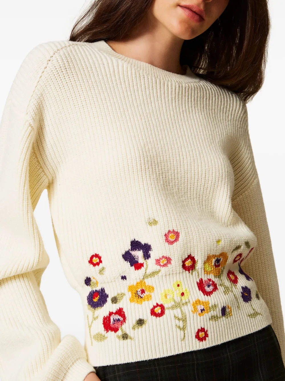 Twinset Ribbed Knit Sweater With Floral Embroidery In White