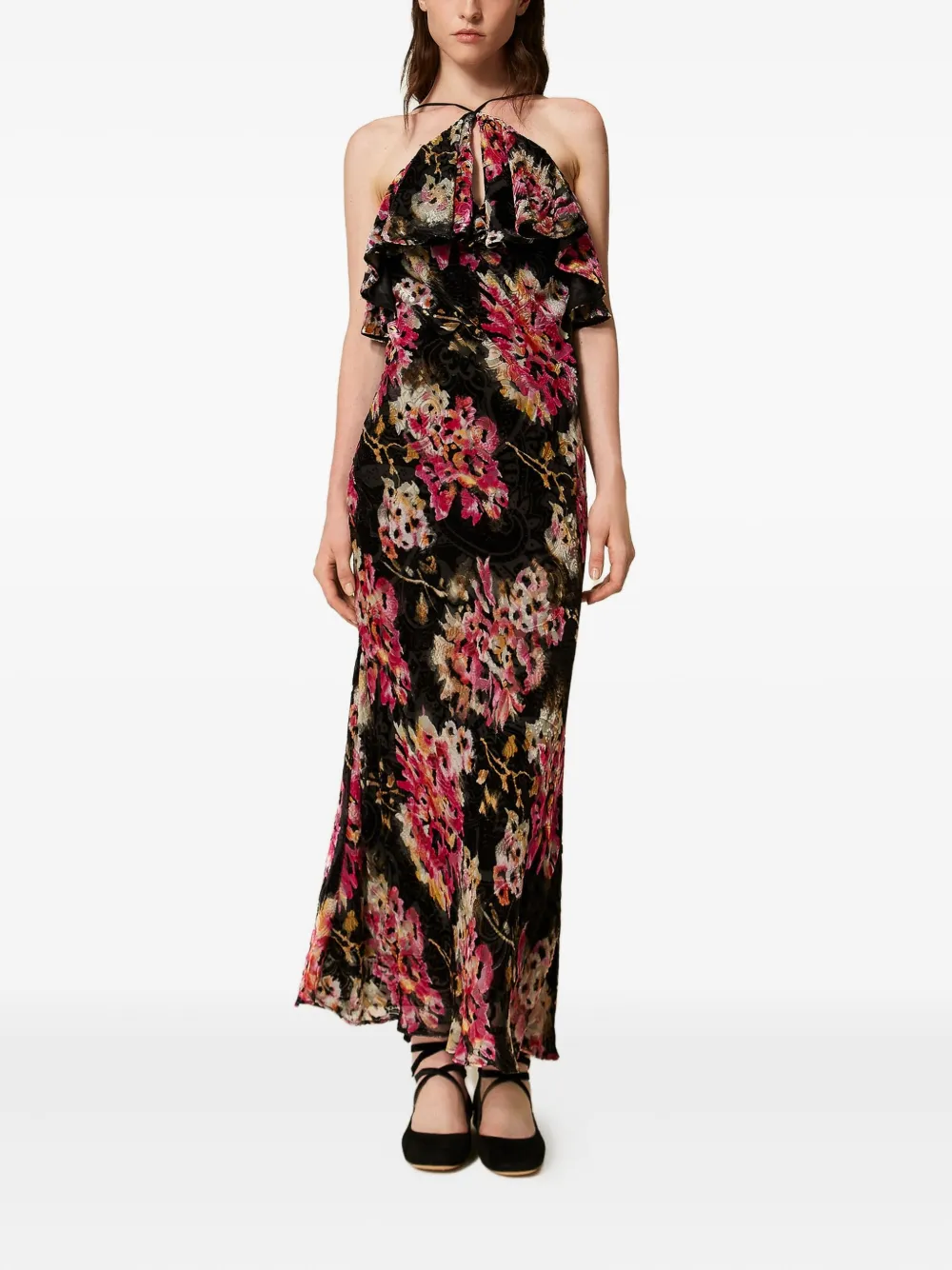 TWINSET Jurk met bloemenprint en ruches - Zwart