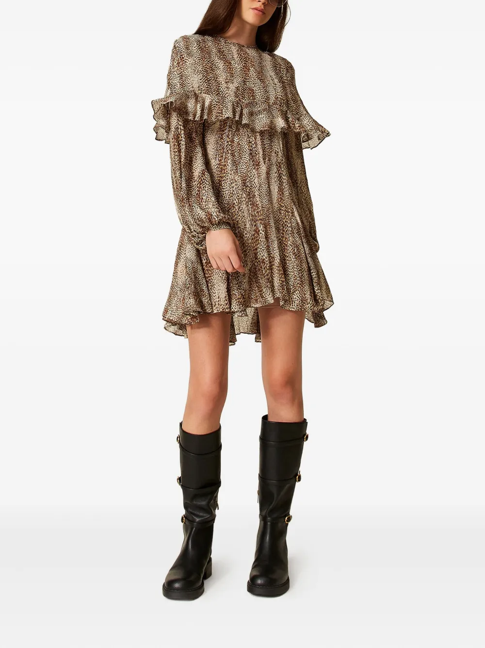 TWINSET Jurk met dierenprint en ruches - Bruin