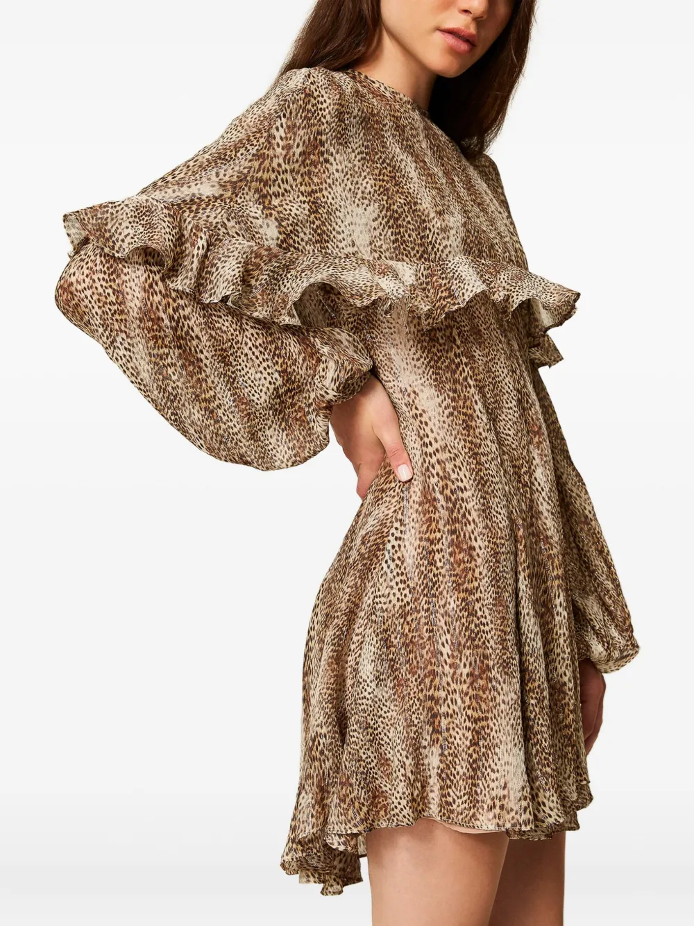 TWINSET Jurk met dierenprint en ruches Bruin