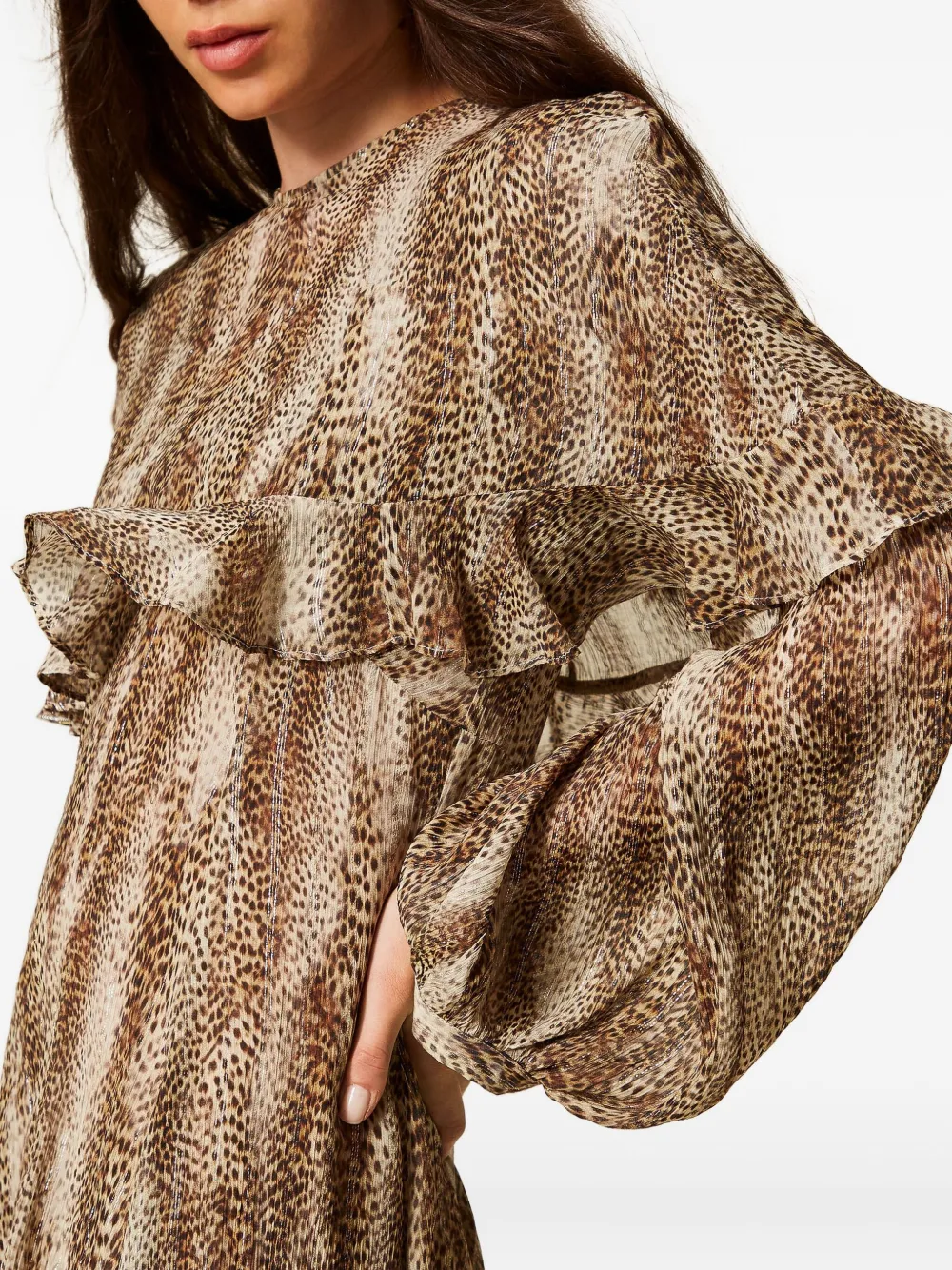 TWINSET Jurk met dierenprint en ruches Bruin