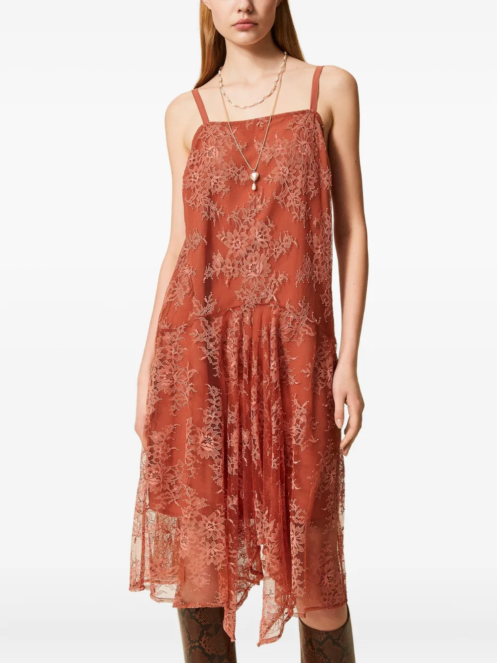 Twinset Robe Midi En Dentelle In Orange