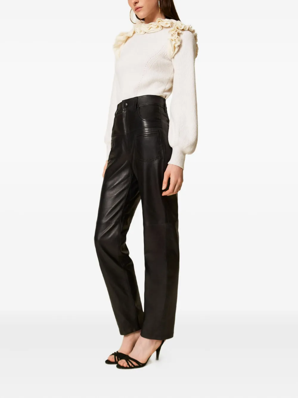 TWINSET Leren broek met stikseldetail - Zwart