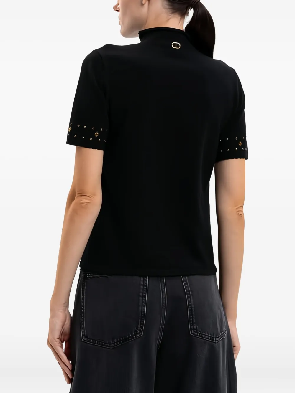 Twinset Mock-neck Embellished T-shirt In Black