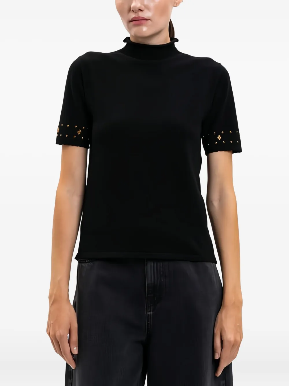 Twinset Mock-neck Embellished T-shirt In Black