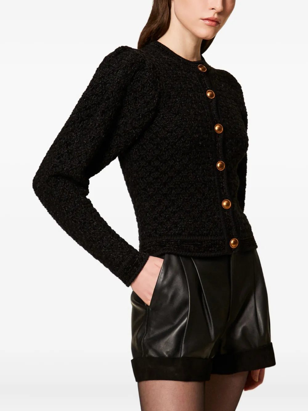  Twinset Puff-sleeve Jacquard Cardigan - Black 