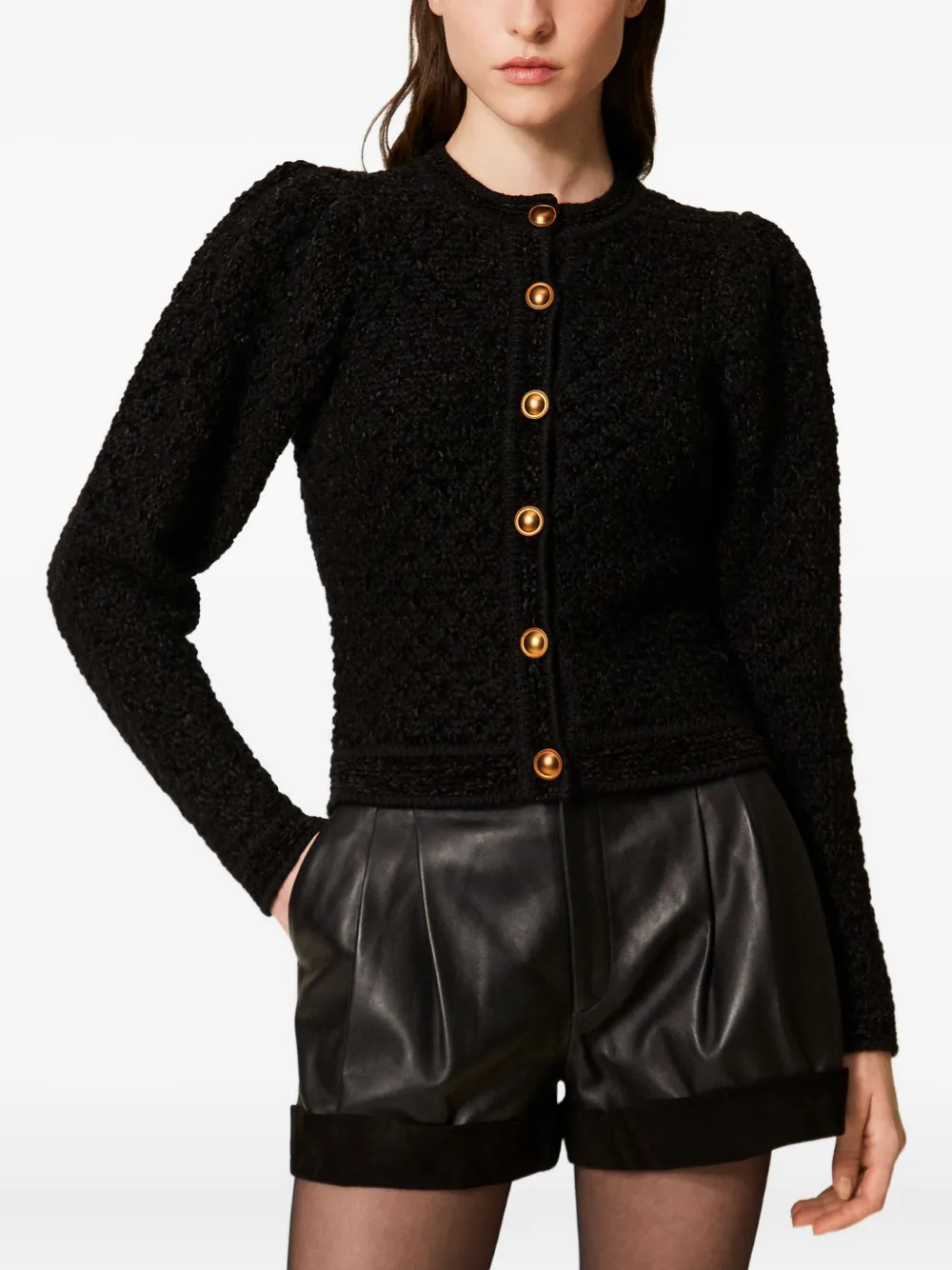  Twinset Puff-sleeve Jacquard Cardigan - Black 