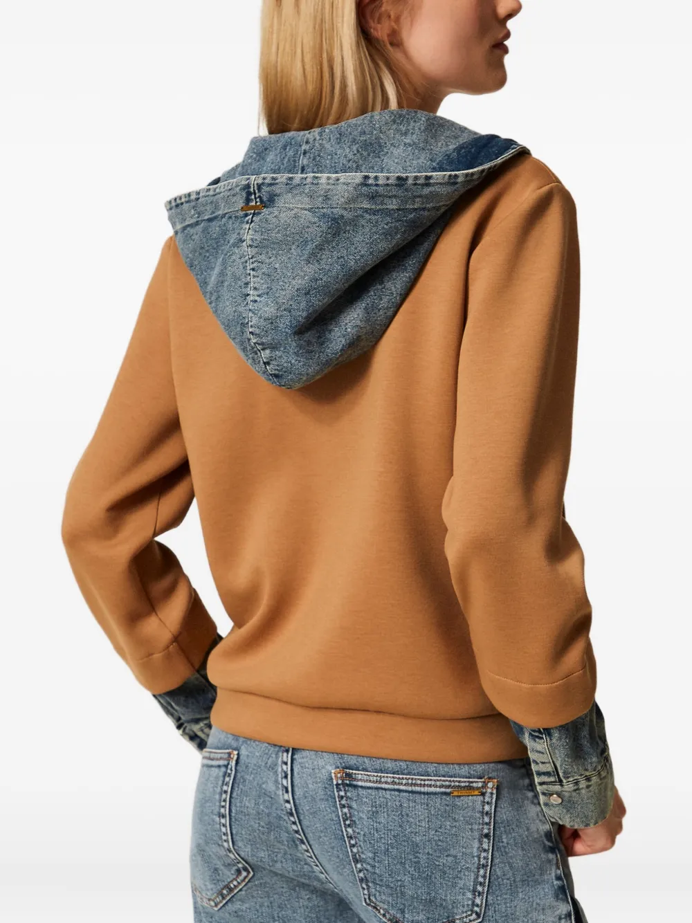 Twinset Denim-insert Hooded Sweatshirt In Brown