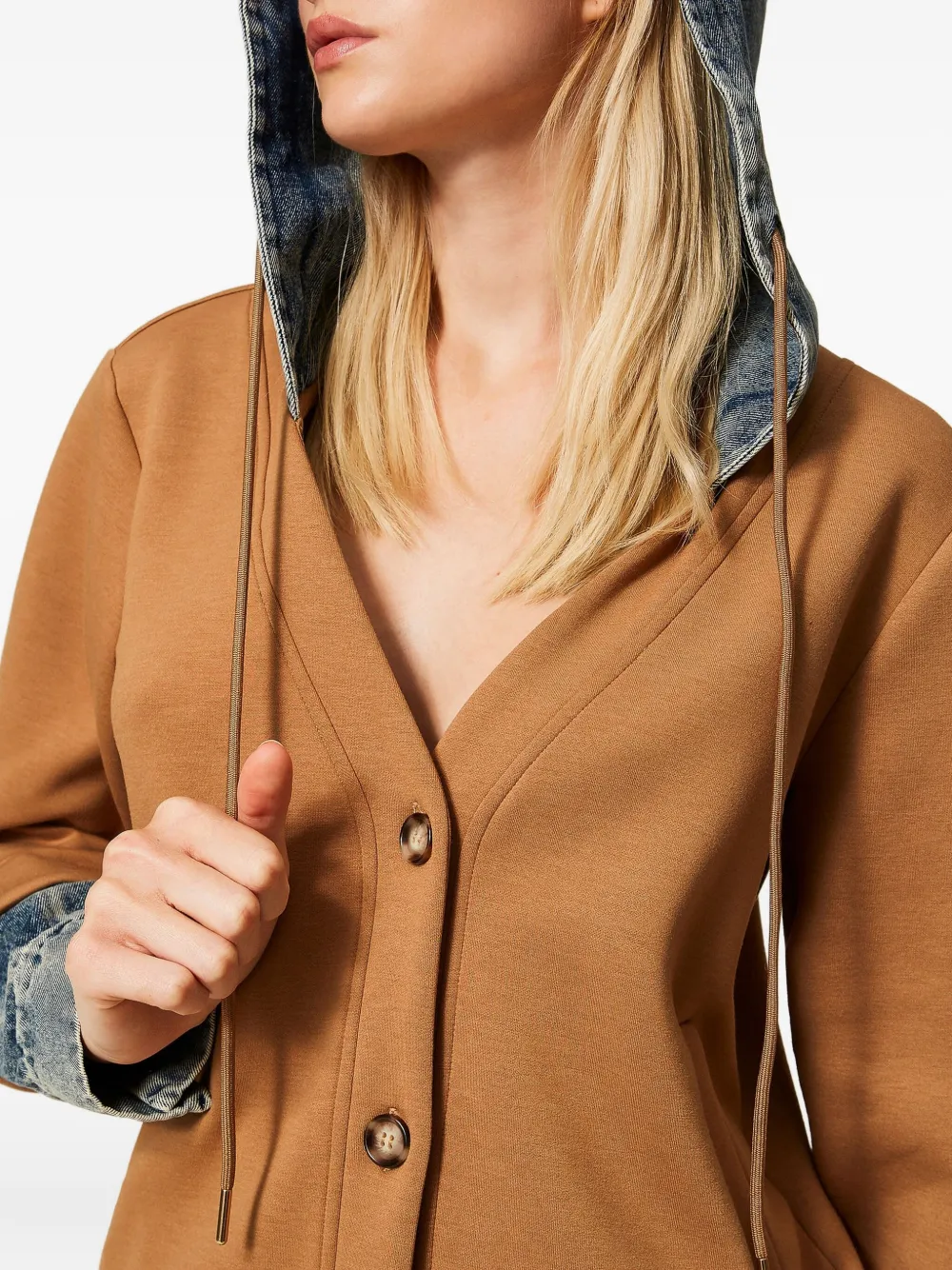Twinset Denim-insert Hooded Sweatshirt In Brown