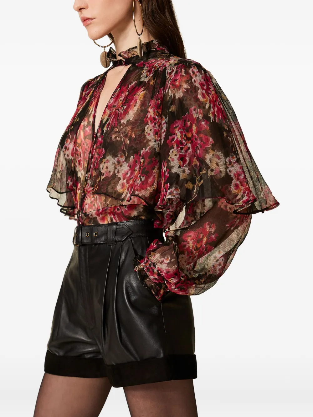  Twinset Floral Ruffled Tie-neck Shirt - Pink 