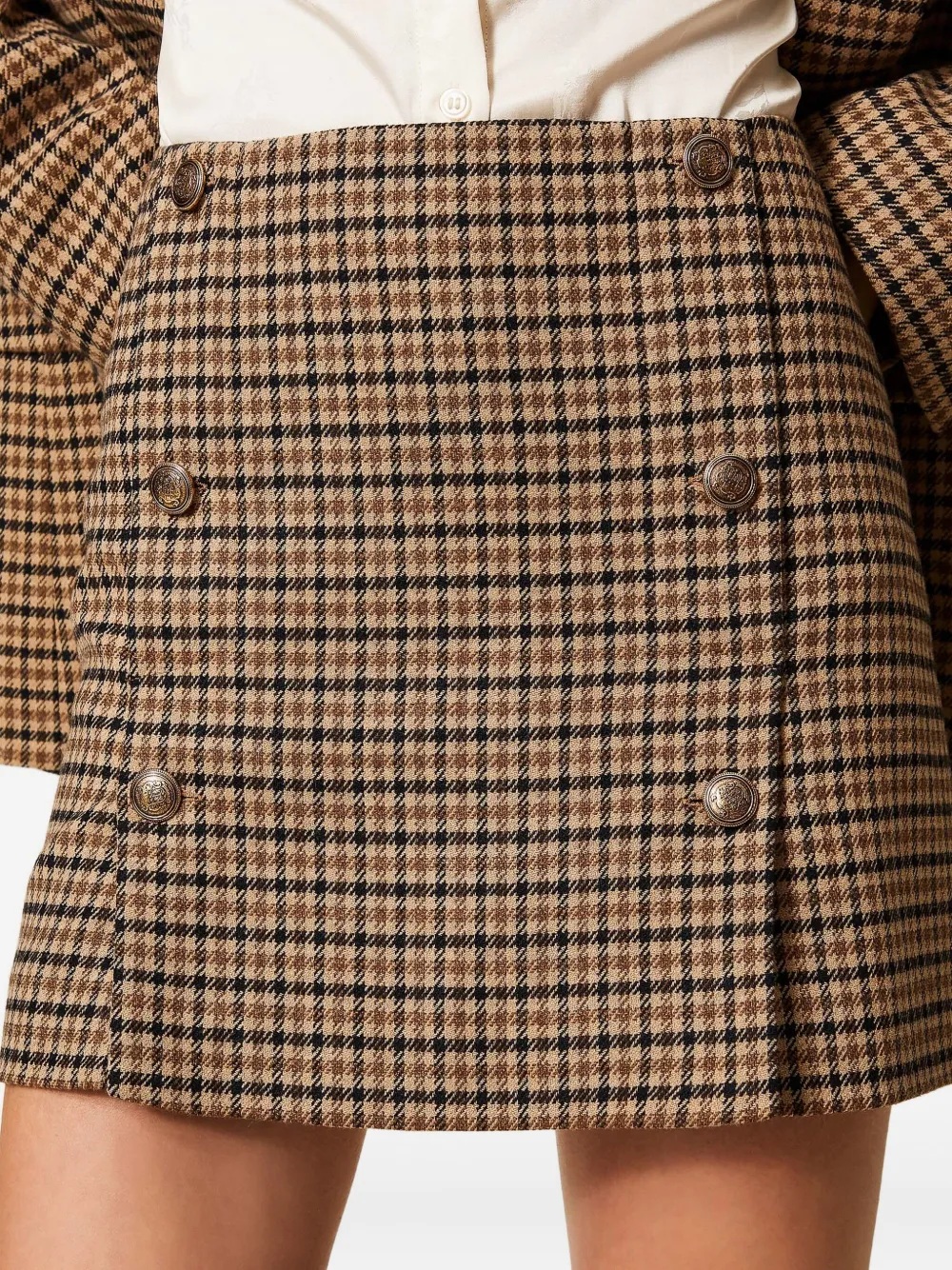 Twinset Checked Buttoned Mini Skirt In Gold