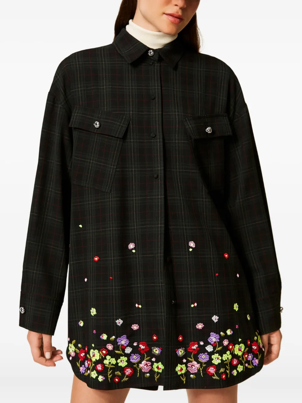 Twinset Dark Plaid Shirt With Floral Embroidery In Black