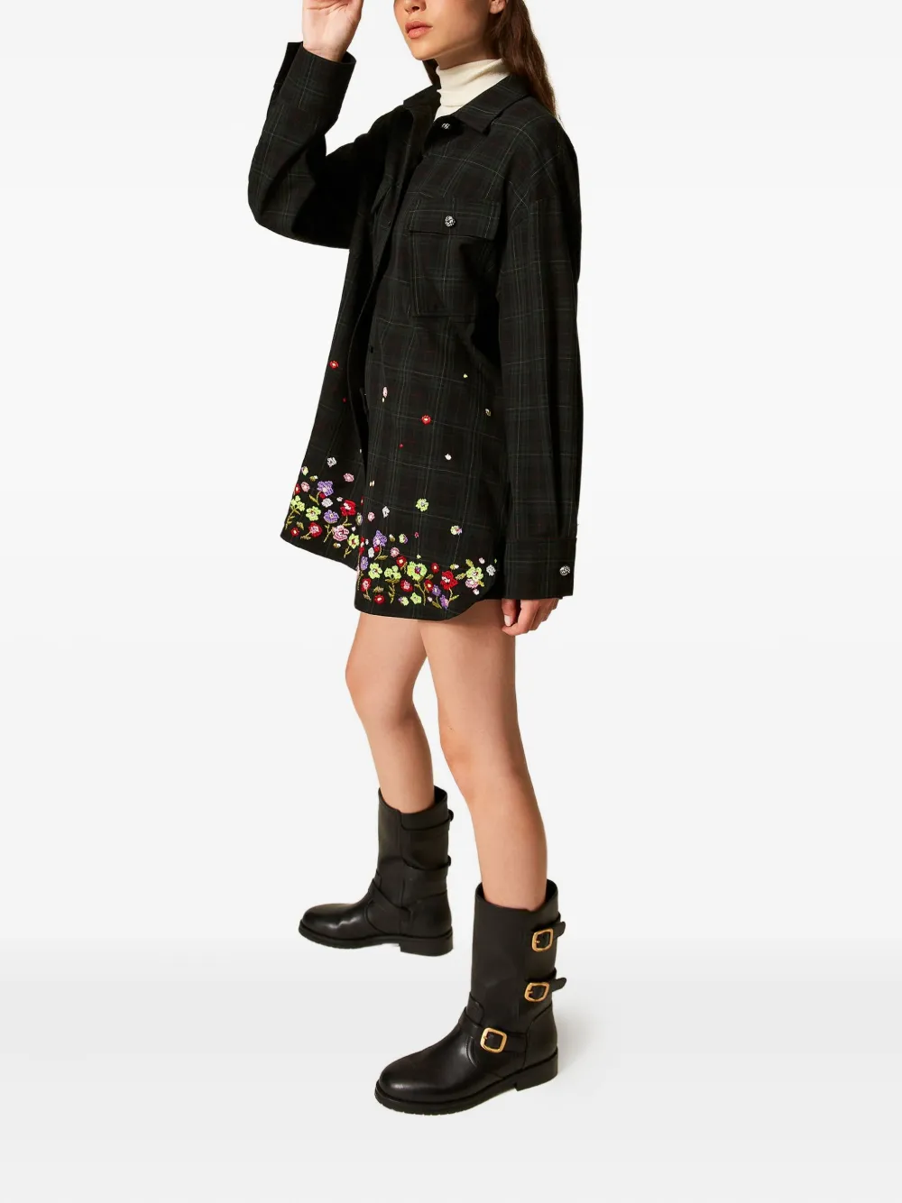 TWINSET Blouse met geborduurde bloemen en tartan-ruit - Groen