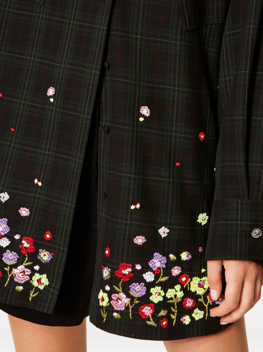 Twinset Dark Plaid Shirt With Floral Embroidery In Black