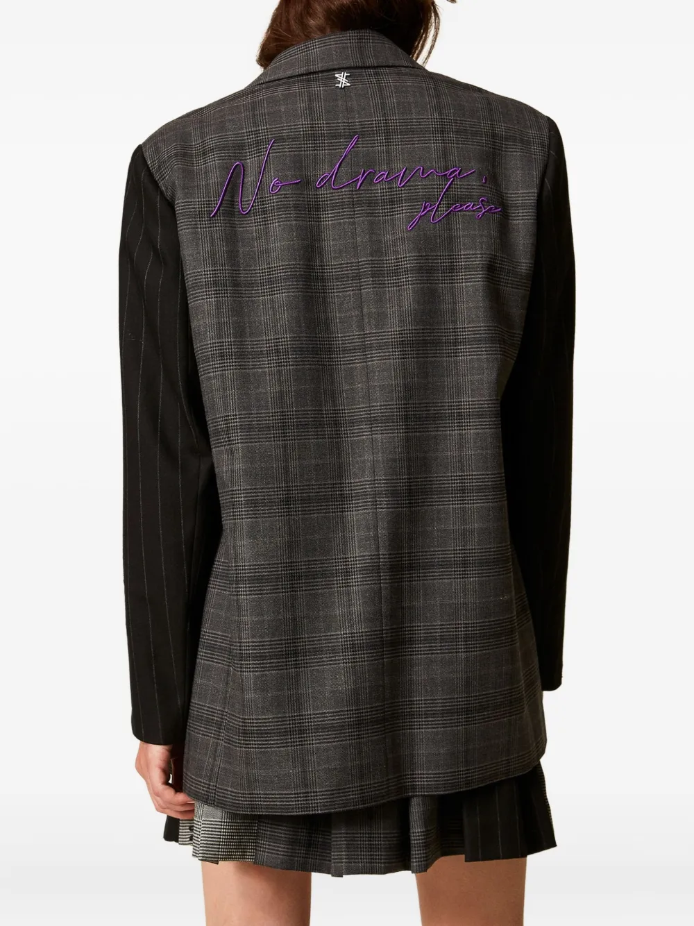 Twinset Checked-pattern Embroidered-sleeve Blazer In Gray