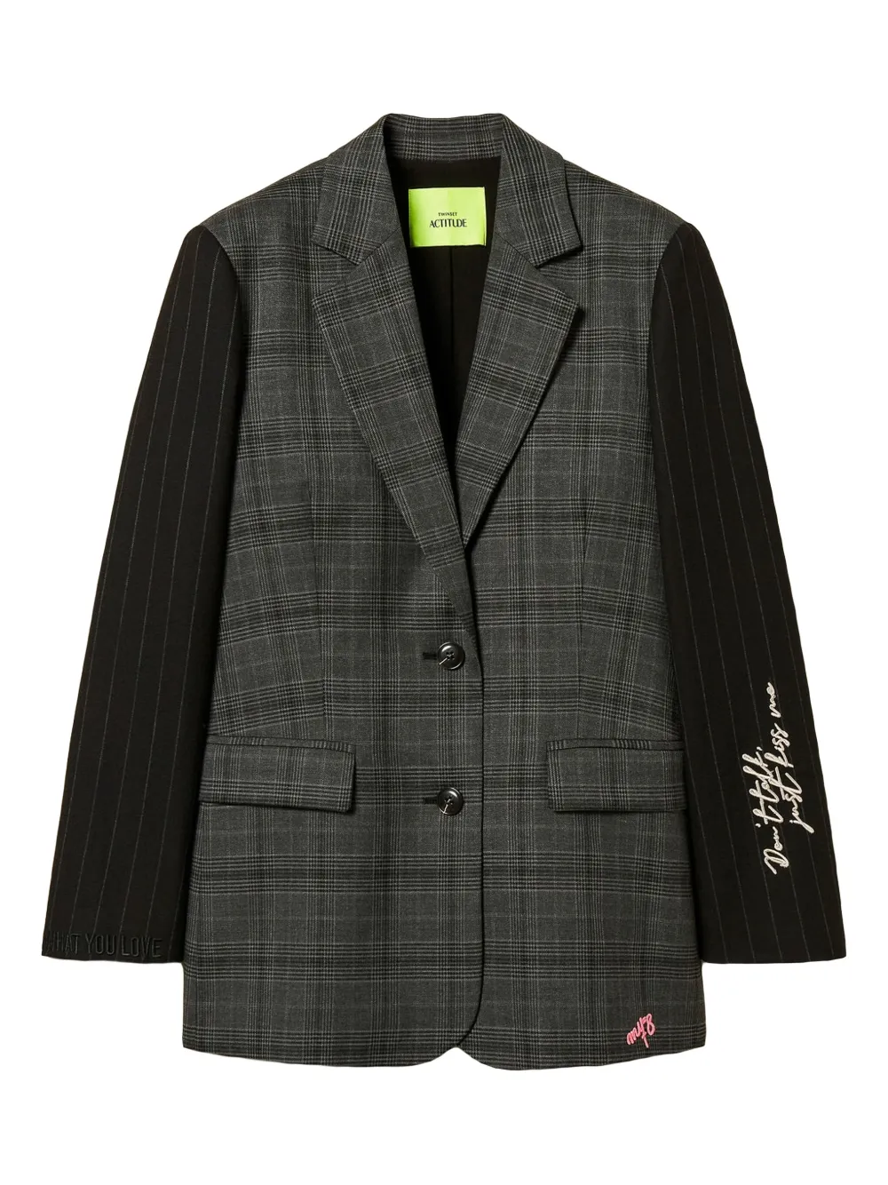 Twinset Checked-pattern Embroidered-sleeve Blazer In Gray