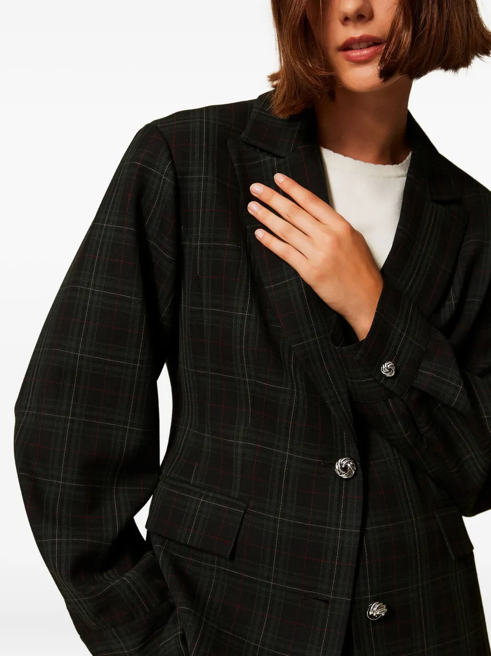 Twinset Tartan Knot-detail Buttons Blazer In Gray