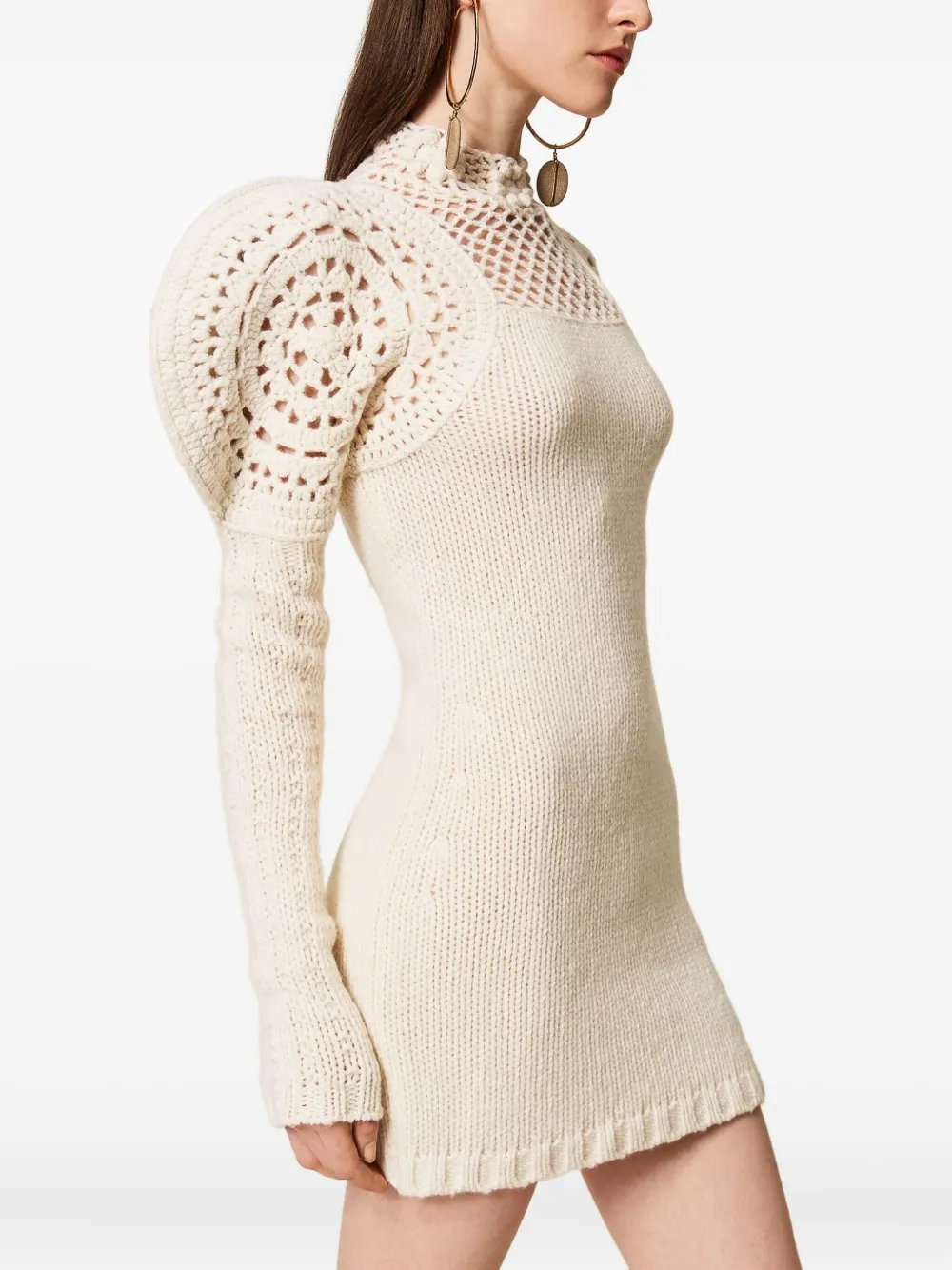 TWINSET Jurk met gehaakt detail en pofmouwen - Beige