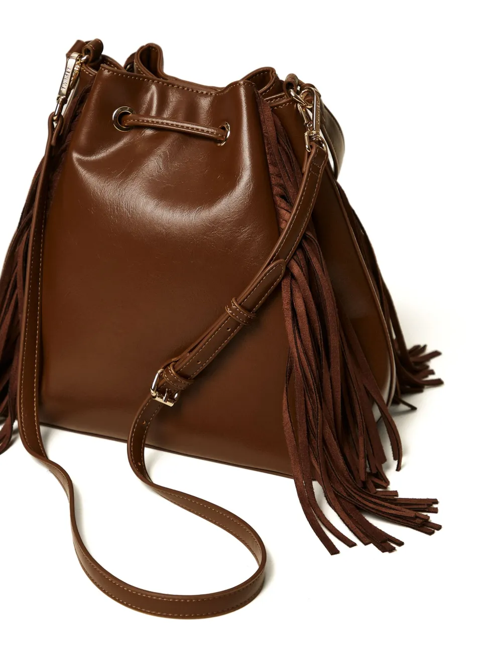 Twinset Fringe Drawstring Bucket Bag In Brown