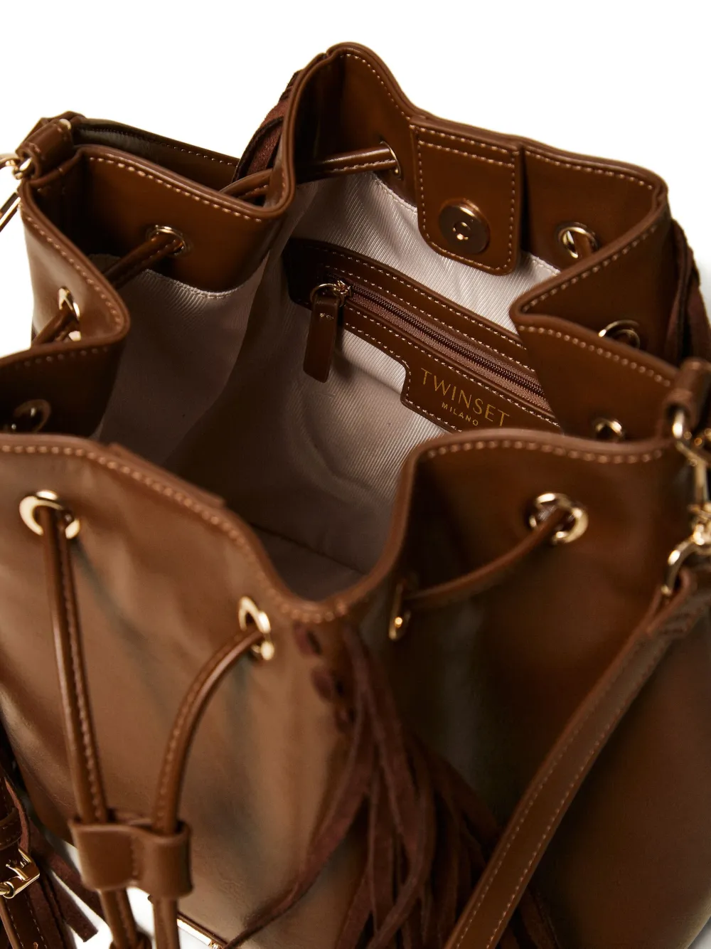 Twinset Fringe Drawstring Bucket Bag In Brown