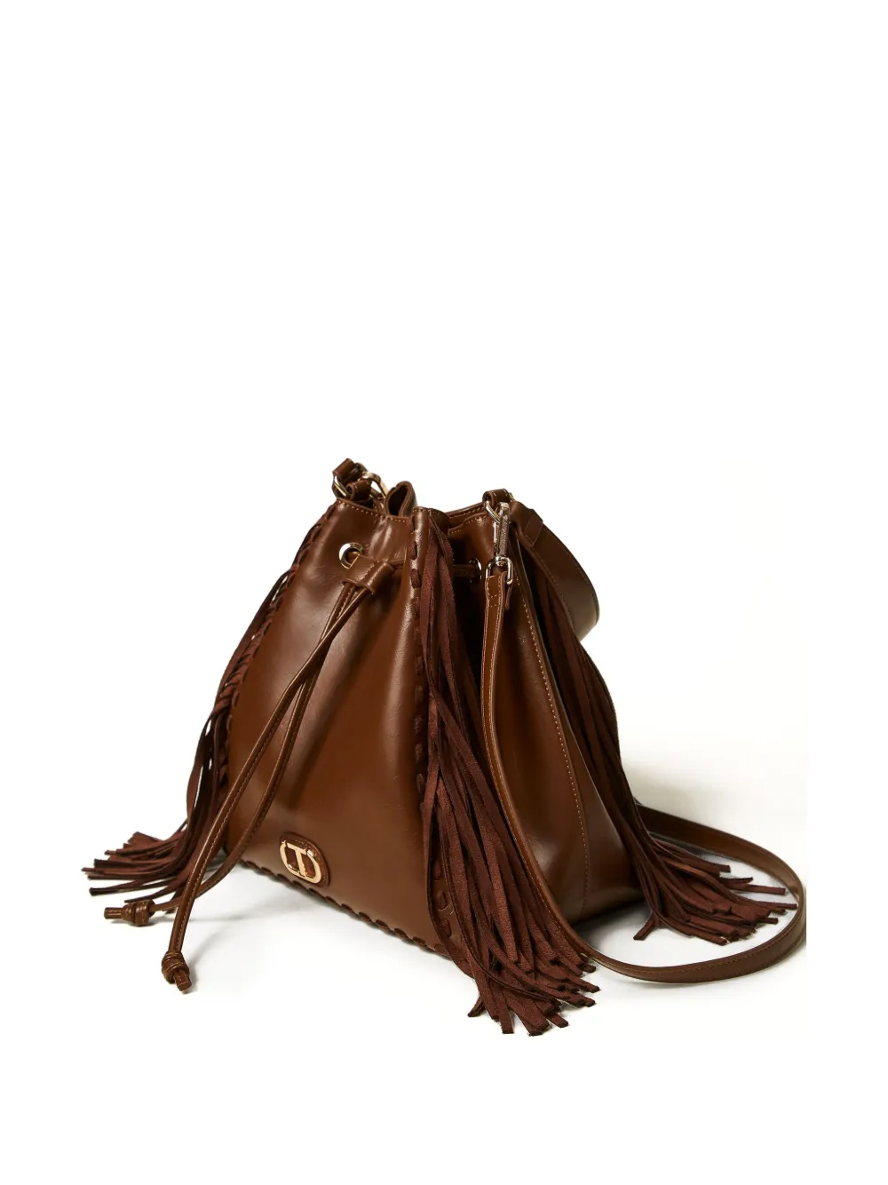 Twinset Fringe Drawstring Bucket Bag In Brown