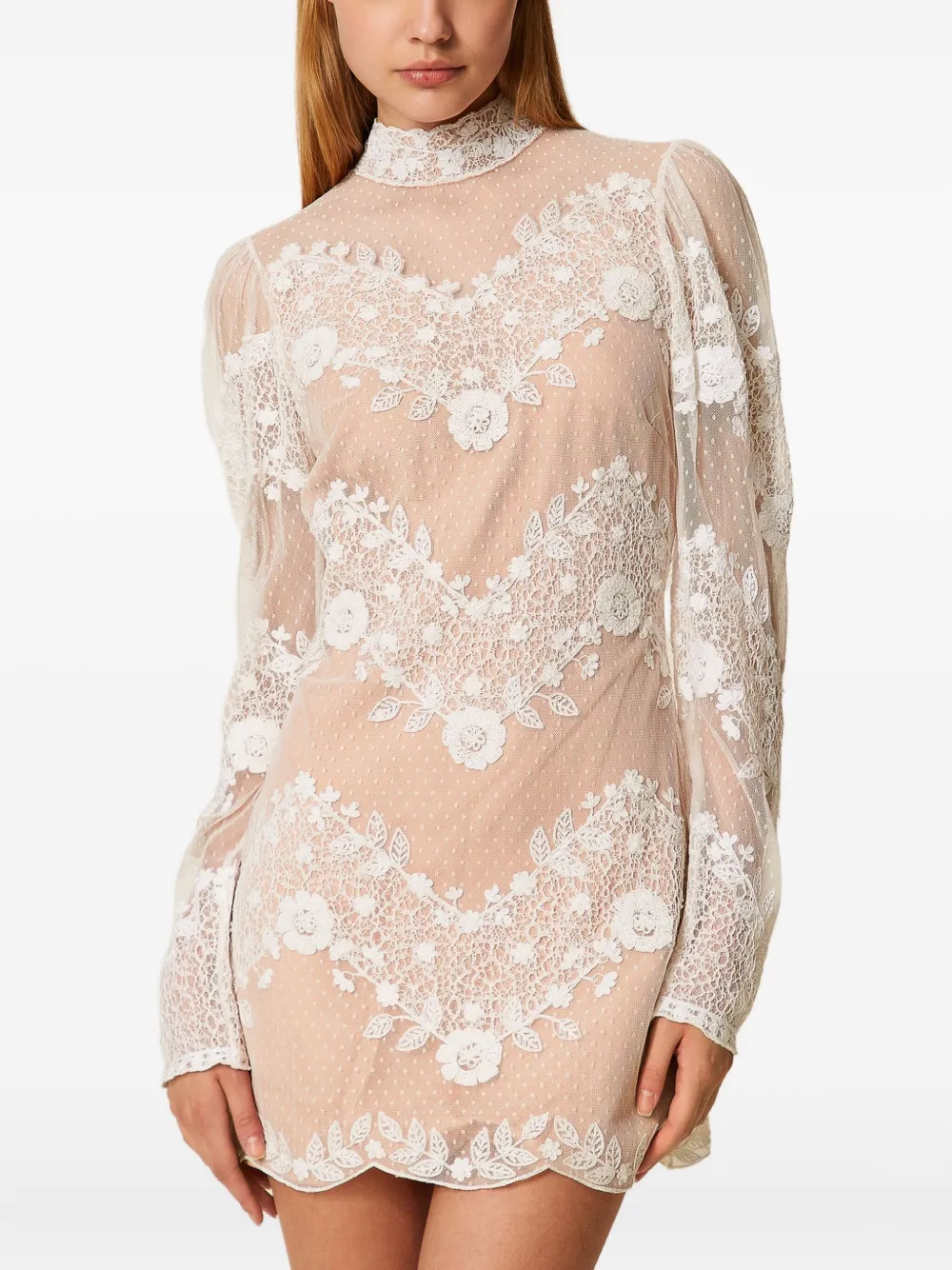 TWINSET Tulen mini-jurk met bloemenkant - Wit