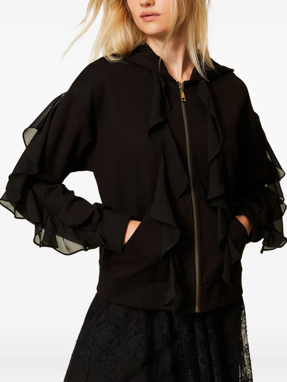 TWINSET Sweater met ruches en capuchon Zwart