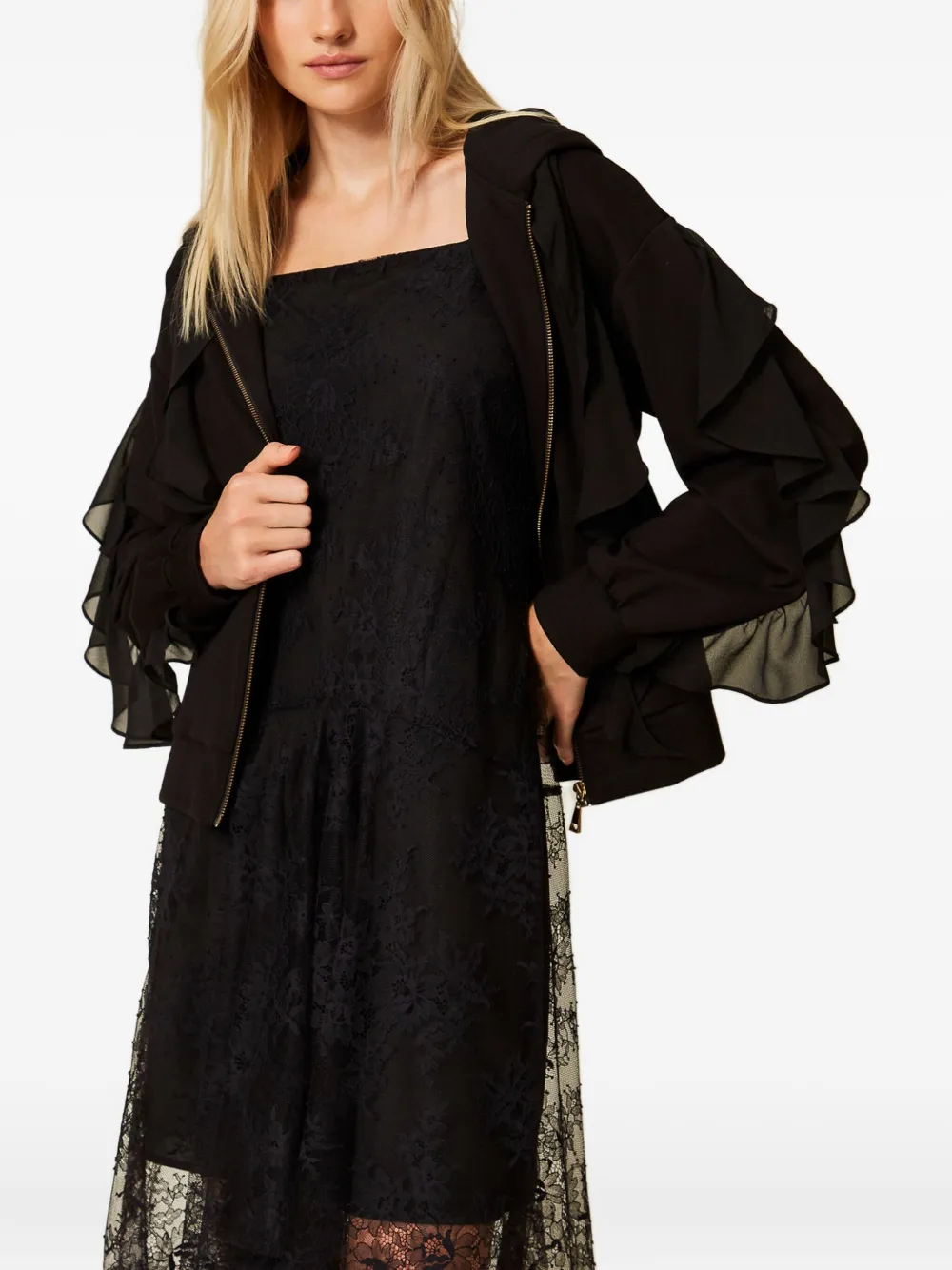 TWINSET Sweater met ruches en capuchon Zwart