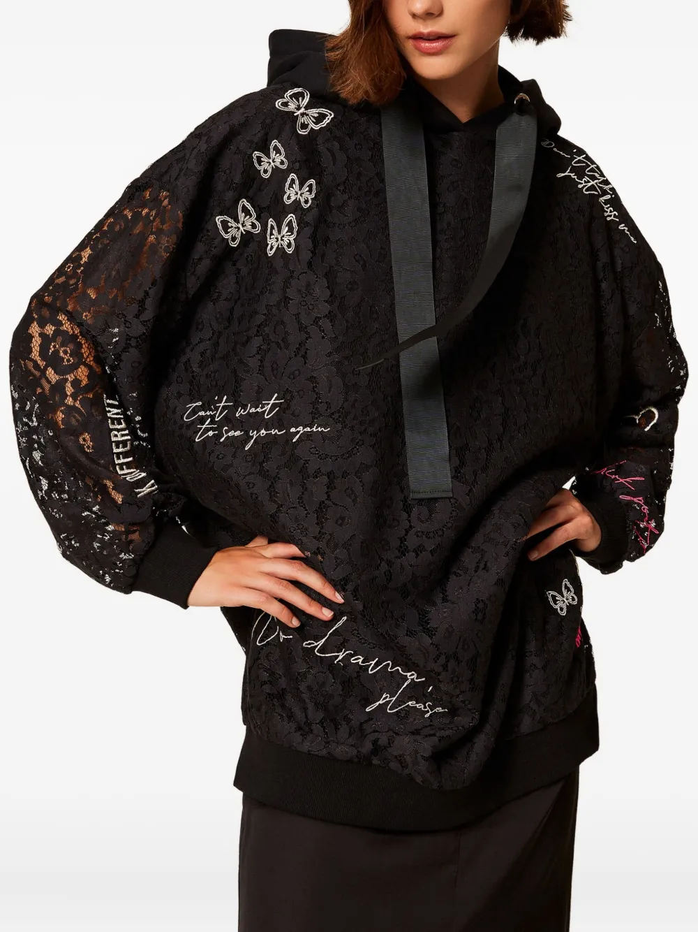 TWINSET Hoodie met kant - Zwart