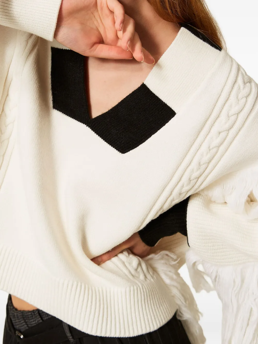 TWINSET Myfo kabelgebreide trui met franje Wit