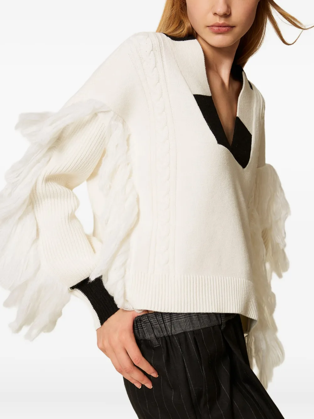 TWINSET Myfo kabelgebreide trui met franje Wit