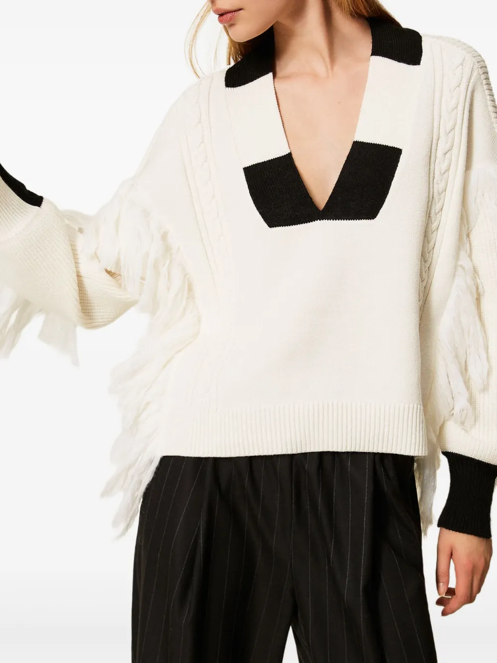 TWINSET Myfo kabelgebreide trui met franje Wit