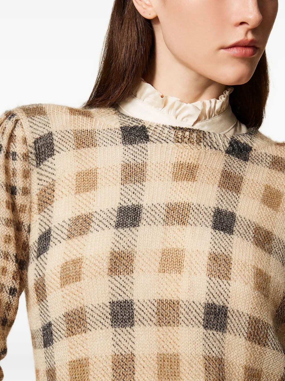 Twinset Puff-sleeve Check-print Sweater In Brown