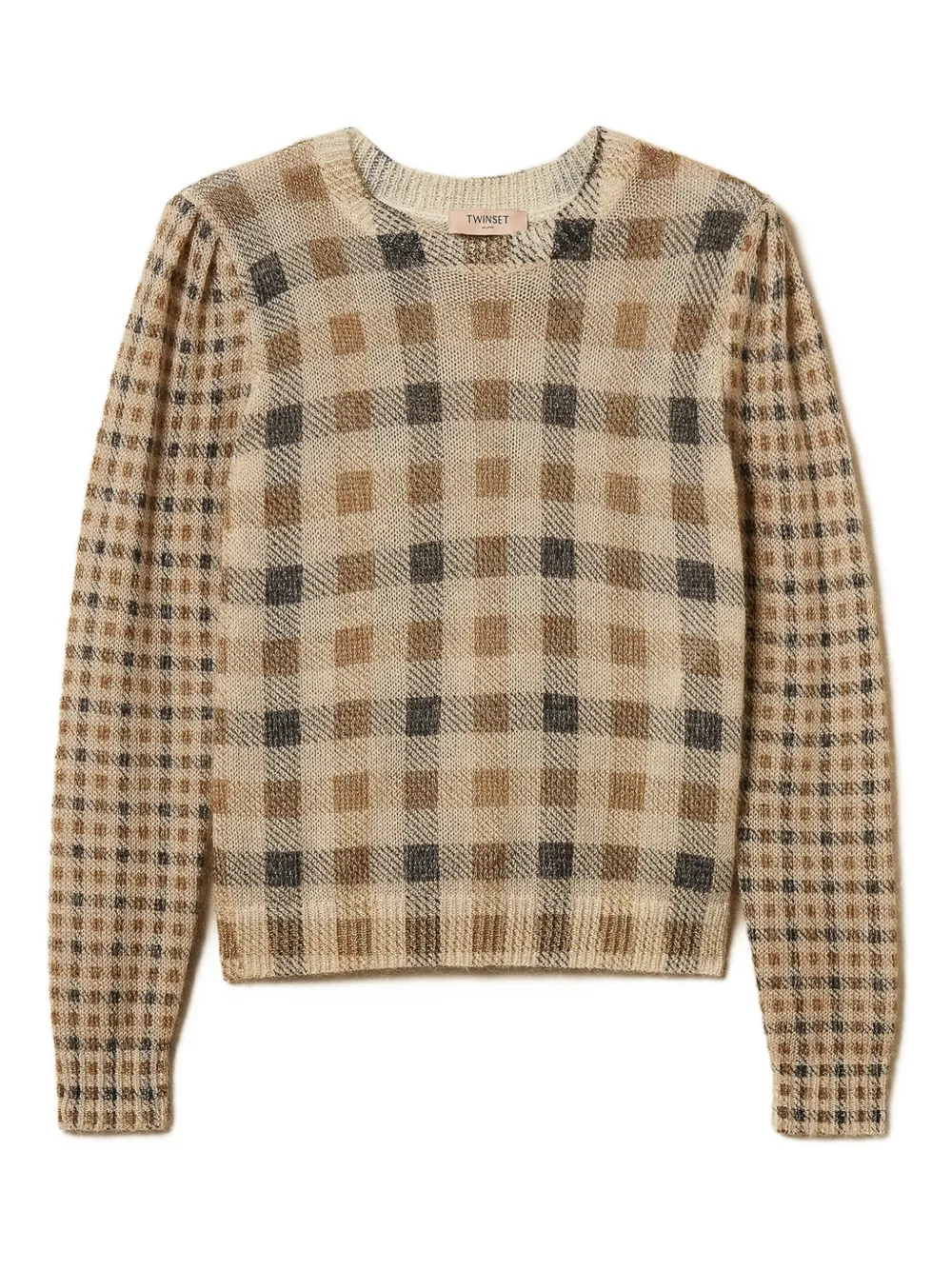 Twinset Puff-sleeve Check-print Sweater In Brown