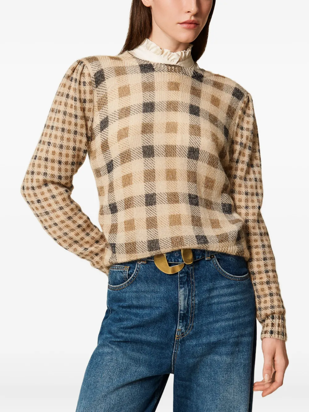 Twinset Puff-sleeve Check-print Sweater In Brown
