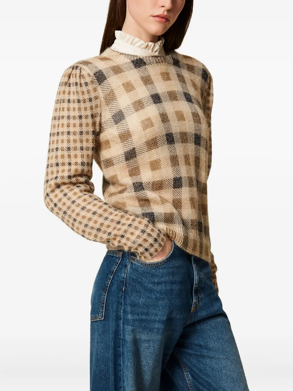 Twinset Puff-sleeve Check-print Sweater In Brown