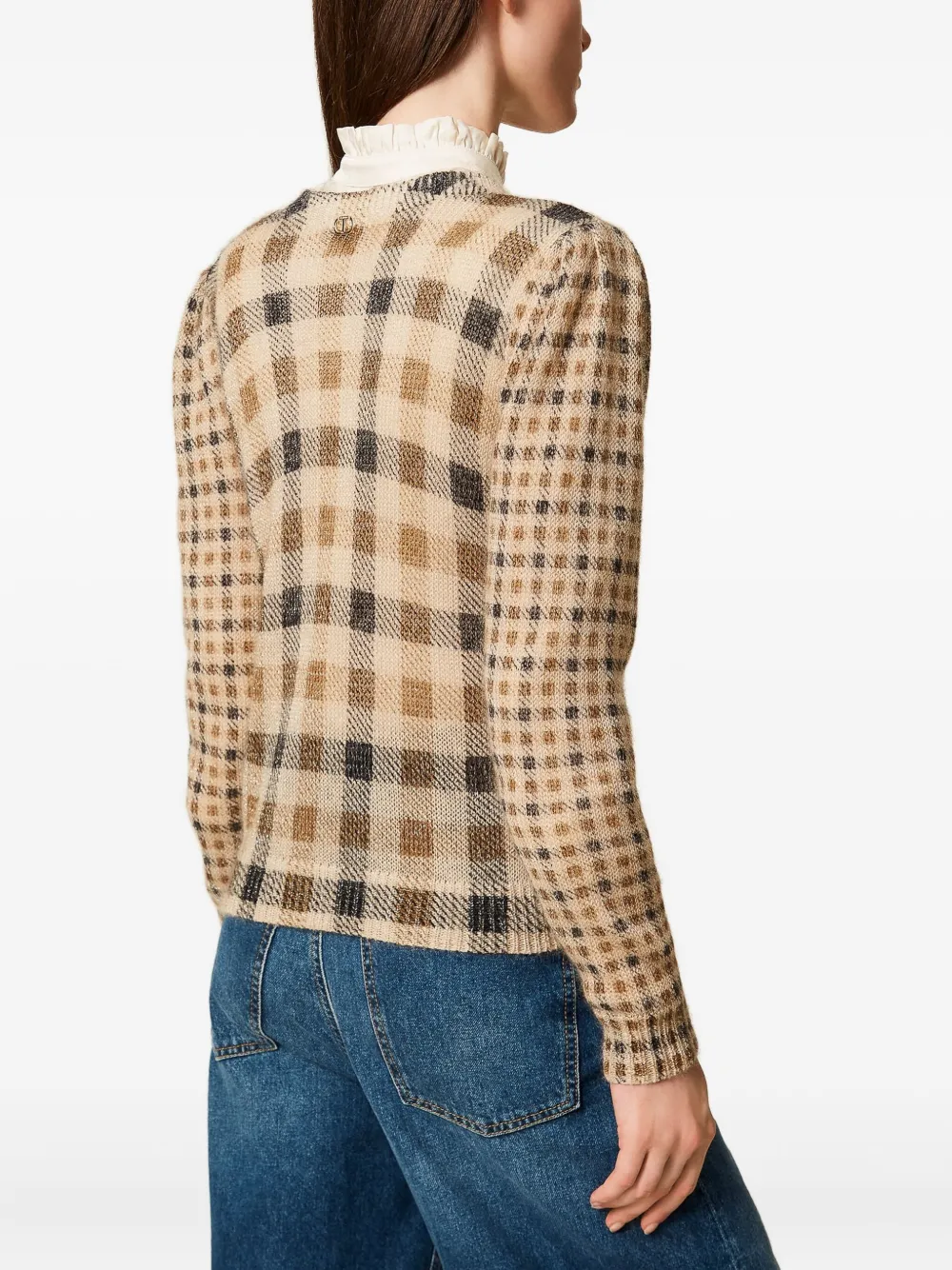 Twinset Puff-sleeve Check-print Sweater In Brown