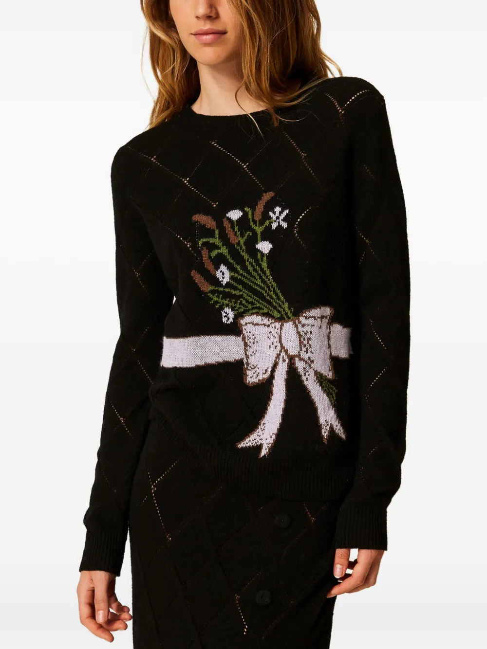 TWINSET Trui met strik en bloemenprint Zwart