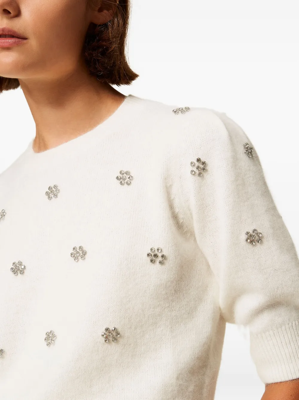 Twinset Creamy White Sweater With Floral Embellishments In White
