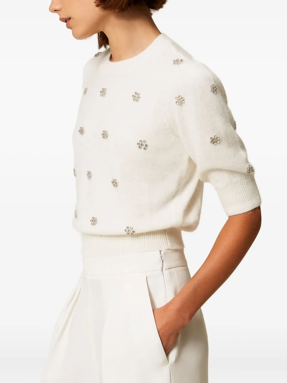 Twinset Creamy White Sweater With Floral Embellishments In White