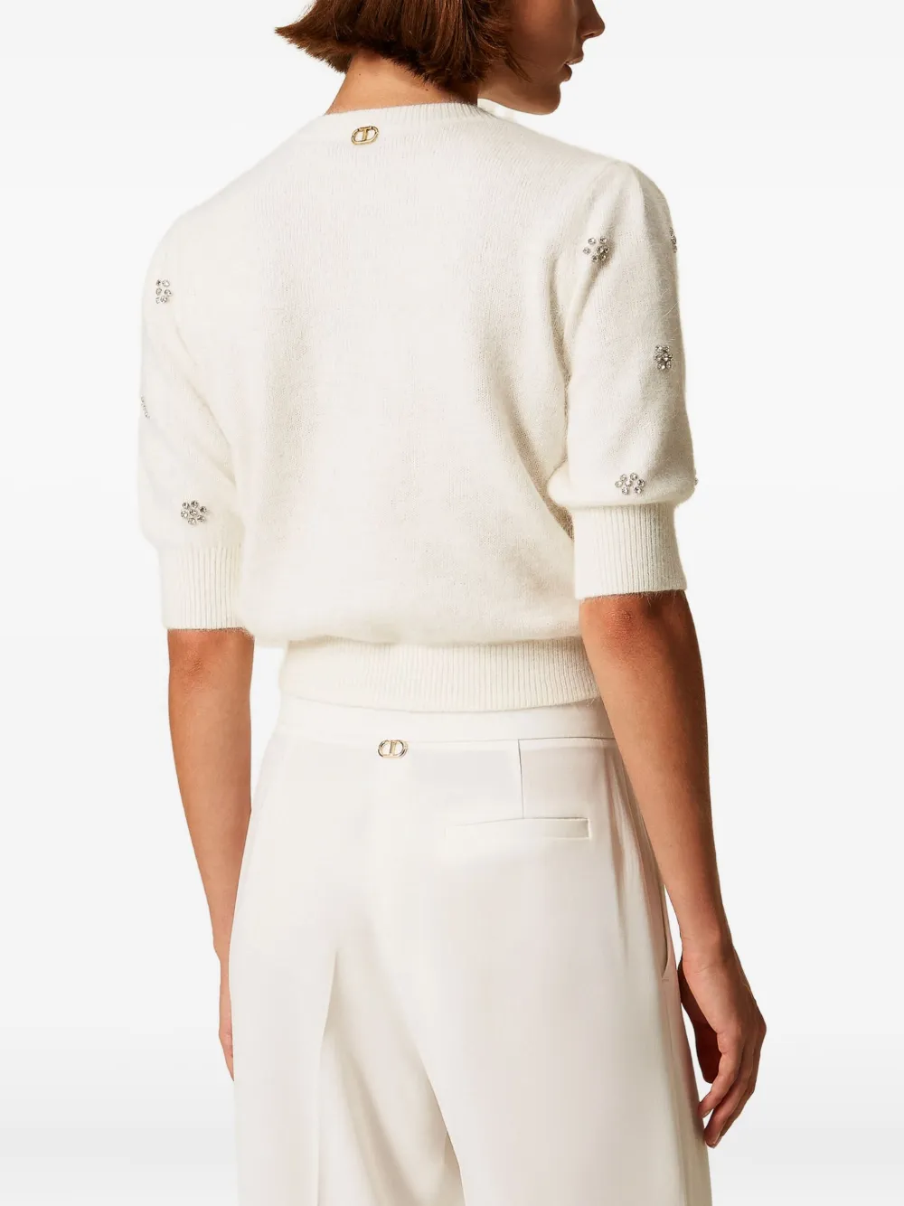 Twinset Creamy White Sweater With Floral Embellishments In White