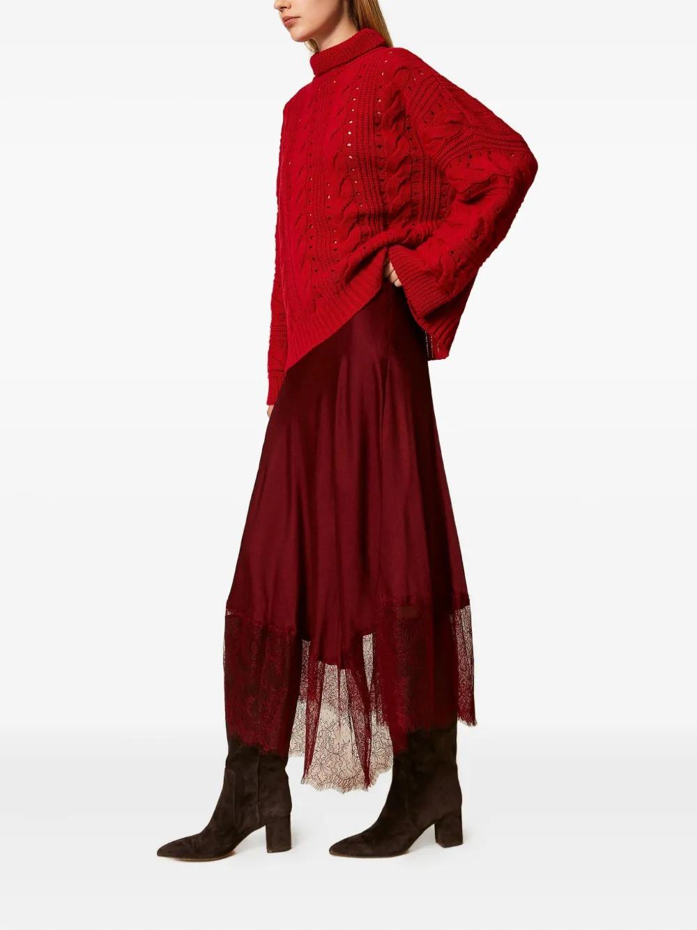 TWINSET Midi-rok met afwerking van kant - Rood