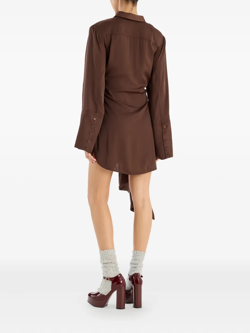 Rotate Birger Christensen Long Sleeve Dress With Waist Tie And Flared Cuffs In Brown